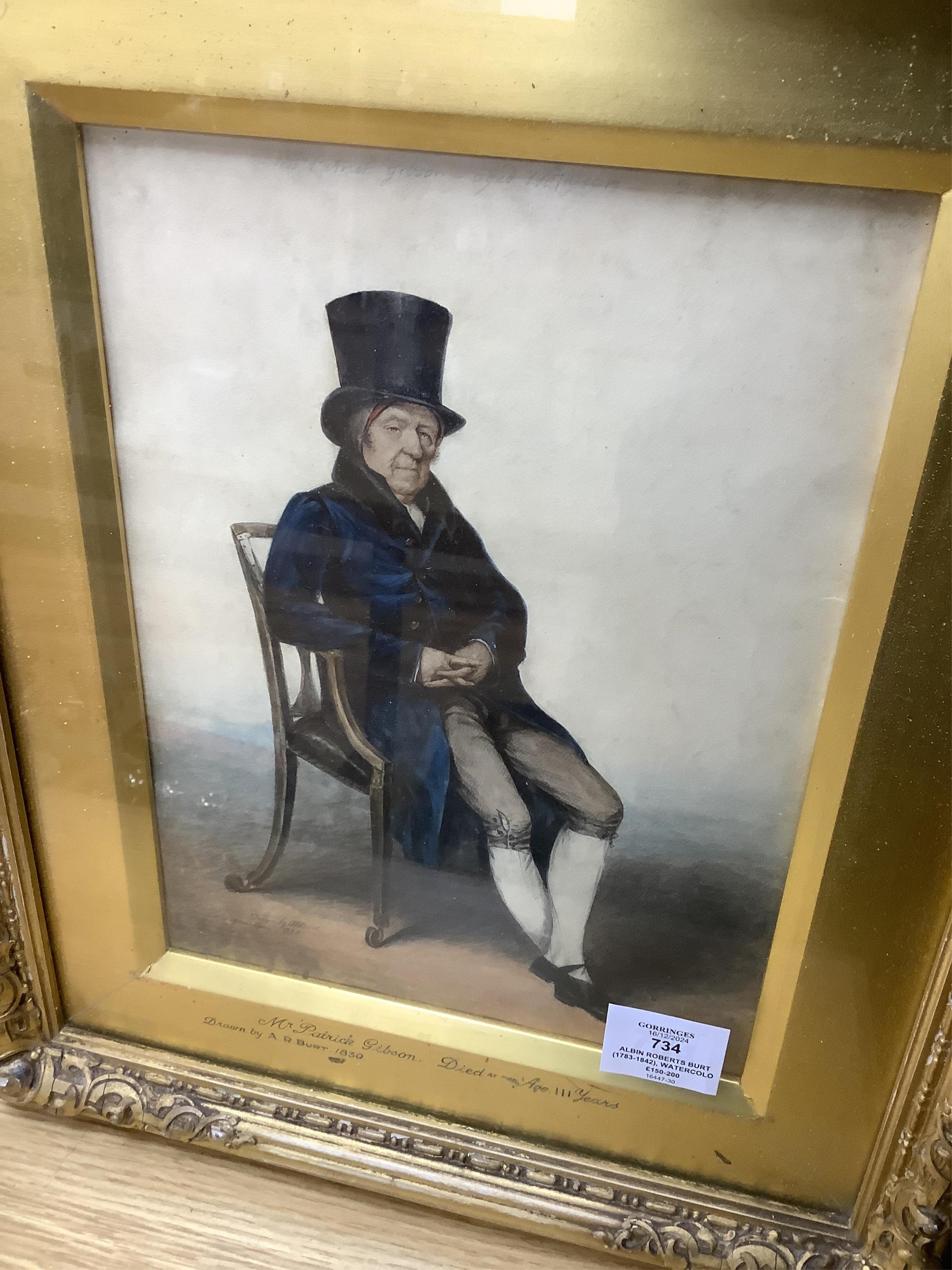 Albin Roberts Burt (1783-1842), watercolour, ‘Portrait of Mr Patrick Gibson, died at the age of 111’, signed and dated April 1830, 28 x 21cm, ornate gilt framed. Condition - fair